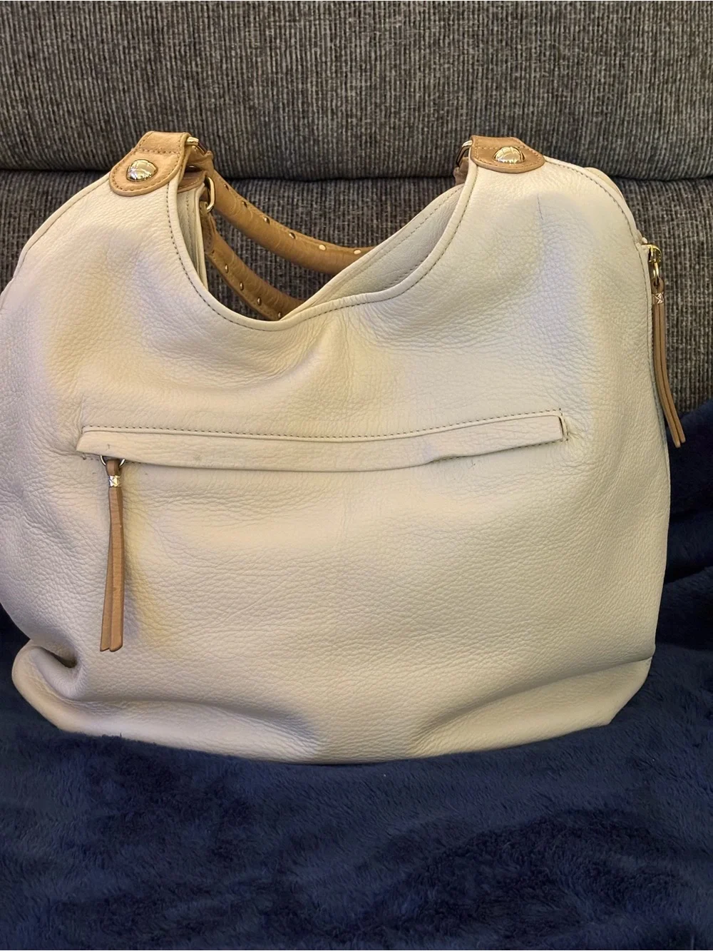 Elliott Lucca Genuine Leather Convertible Hobo Cream Gold Side Zip Studded